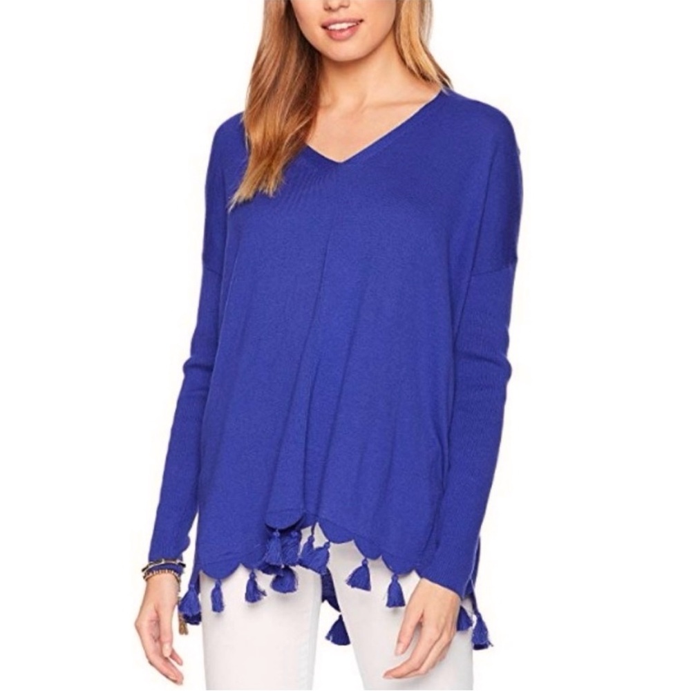 Lilly Pulitzer Martine Scallop Hem Tassel Fringe Sweater Royal Blue Purple XS